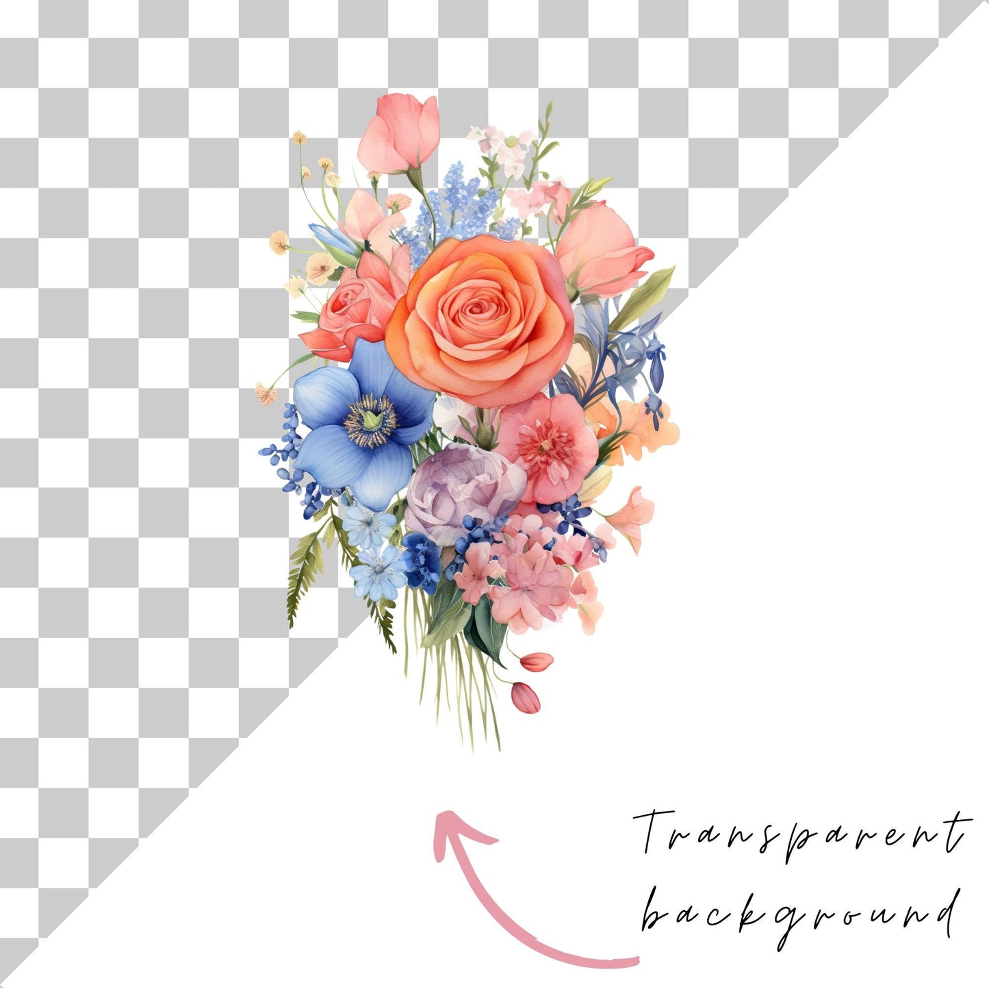 Vibrant Coral and Blue Floral Clipart