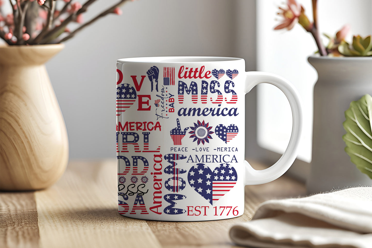 a coffee mug with american flags on it