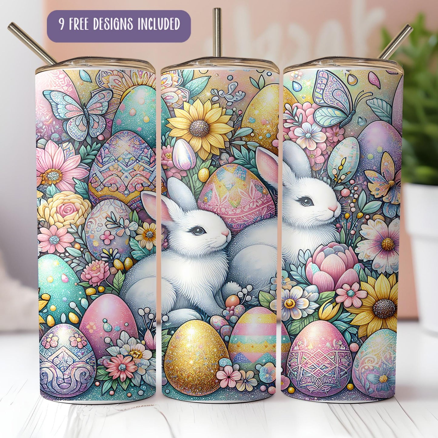 a painting of a white rabbit surrounded by eggs and flowers
