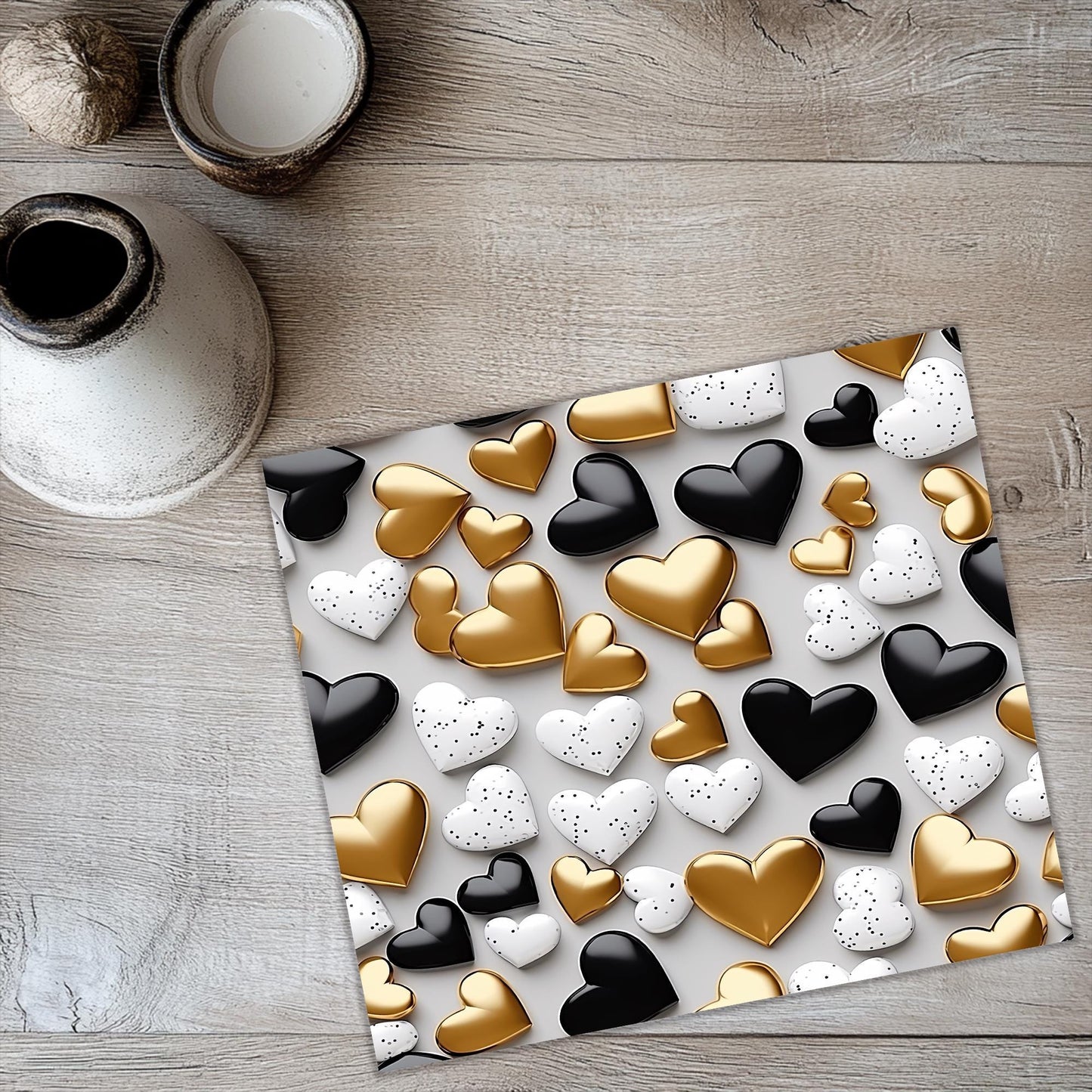 a table topped with lots of hearts on top of a table