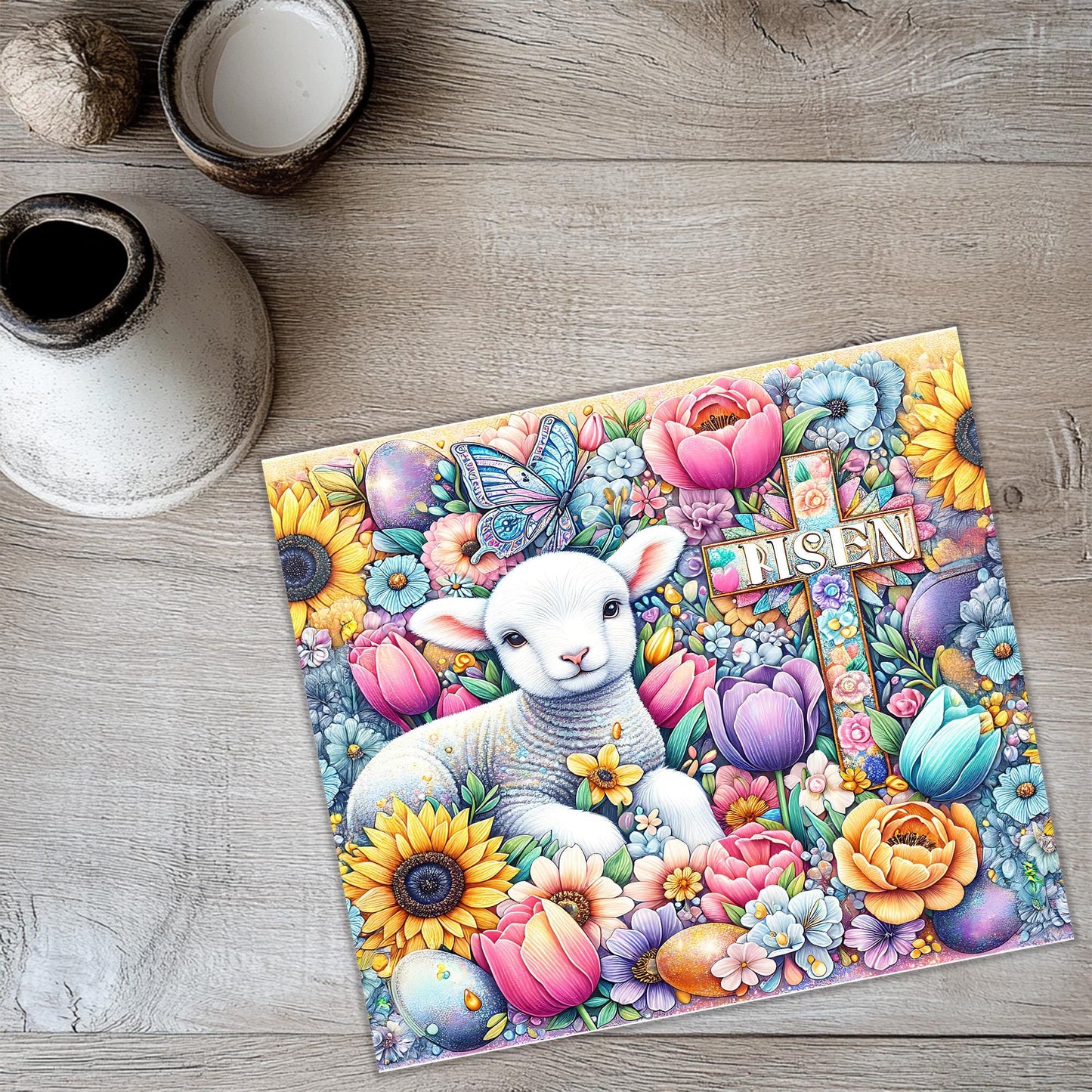 a painting of a lamb surrounded by flowers