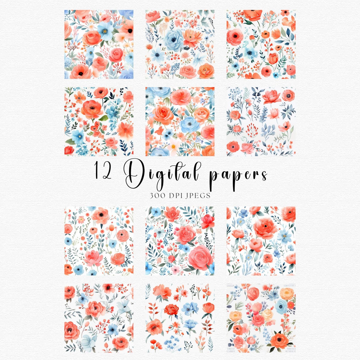 Vibrant Coral and Blue Floral Digital Papers