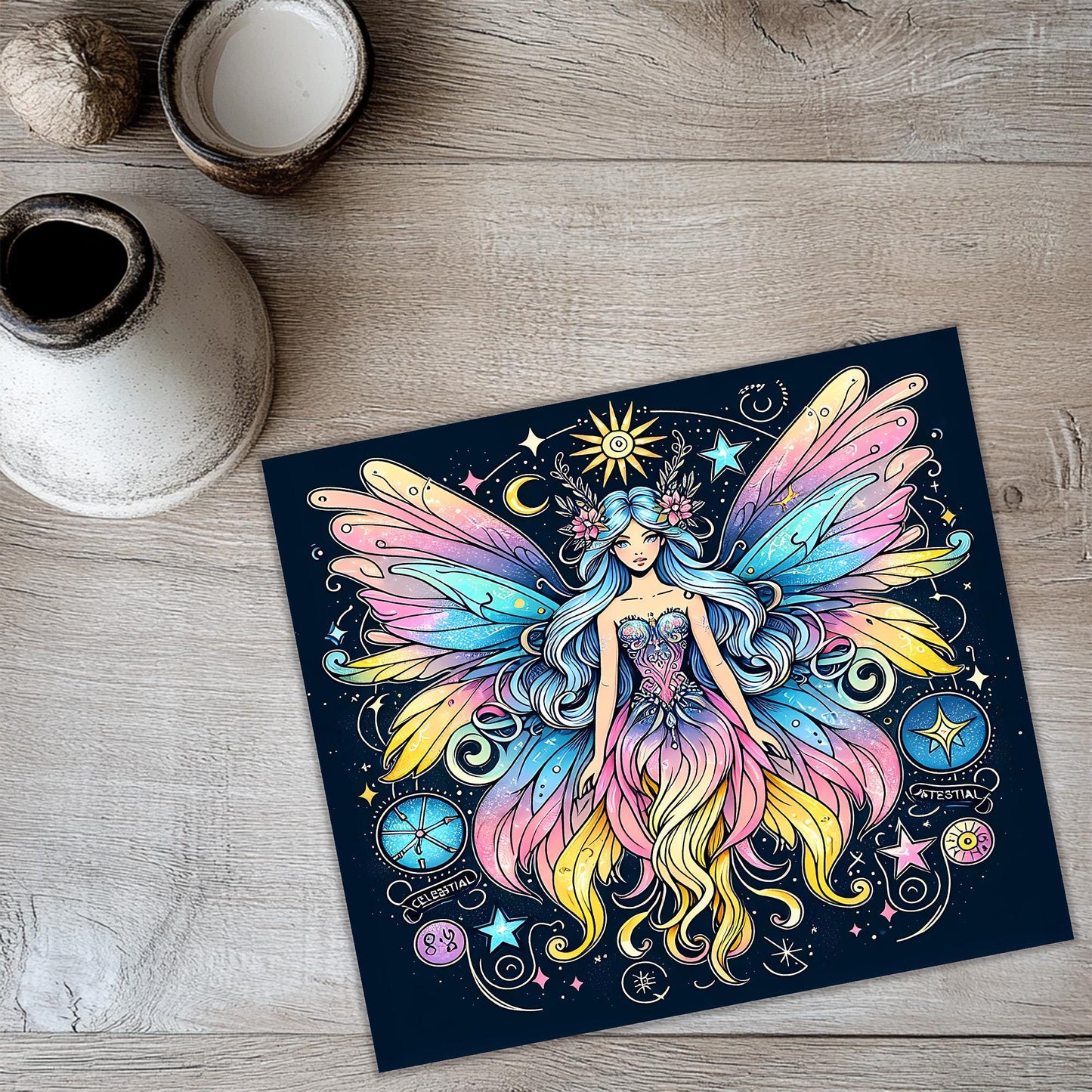 a painting of a fairy sitting on a table