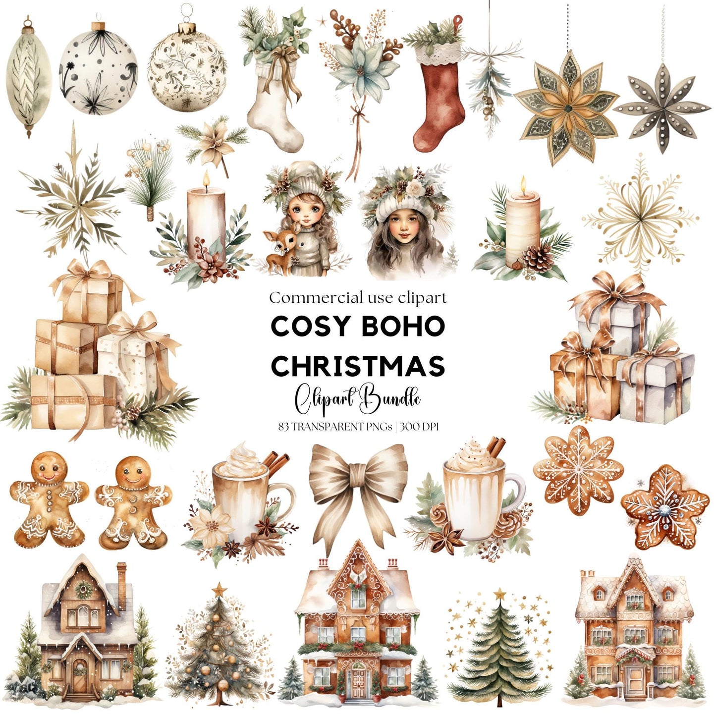 Watercolor Cosy Boho Christmas Clipart