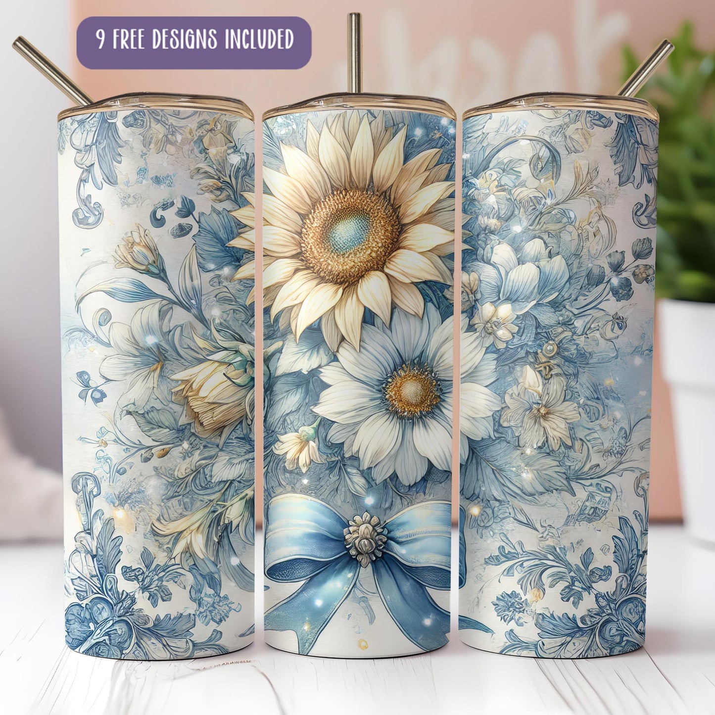 a set of three blue and white vases with flowers on them