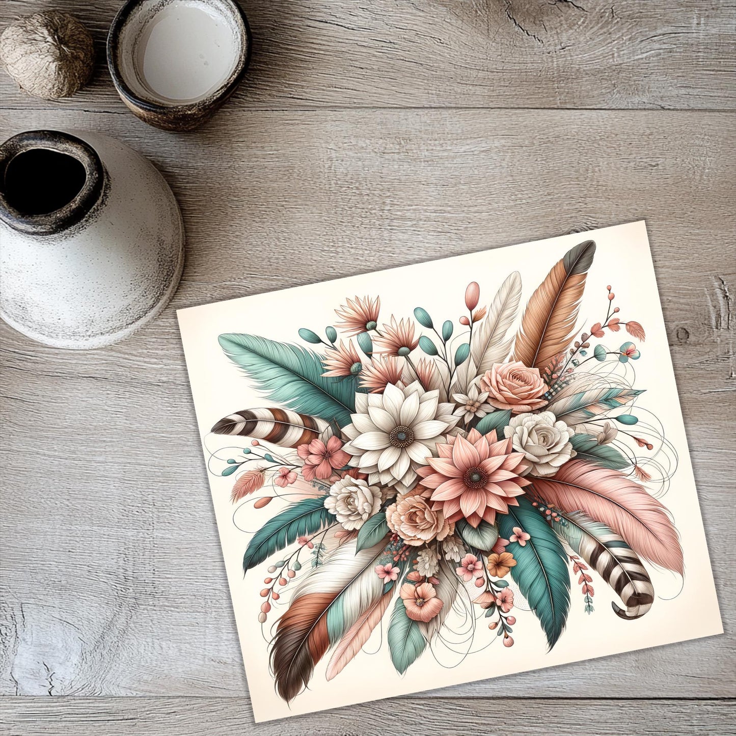 a painting of flowers and feathers on a table