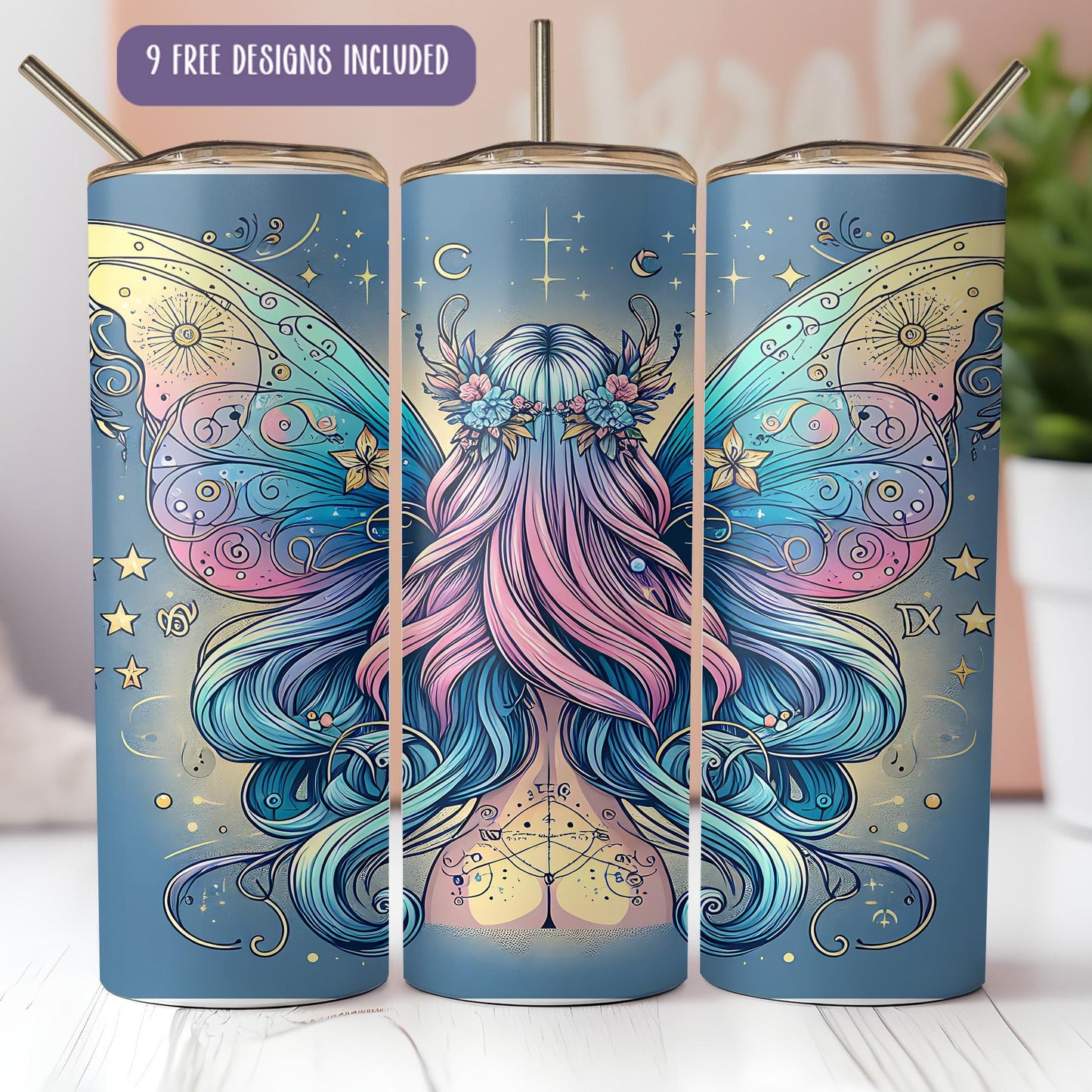 a set of three travel mugs with designs on them