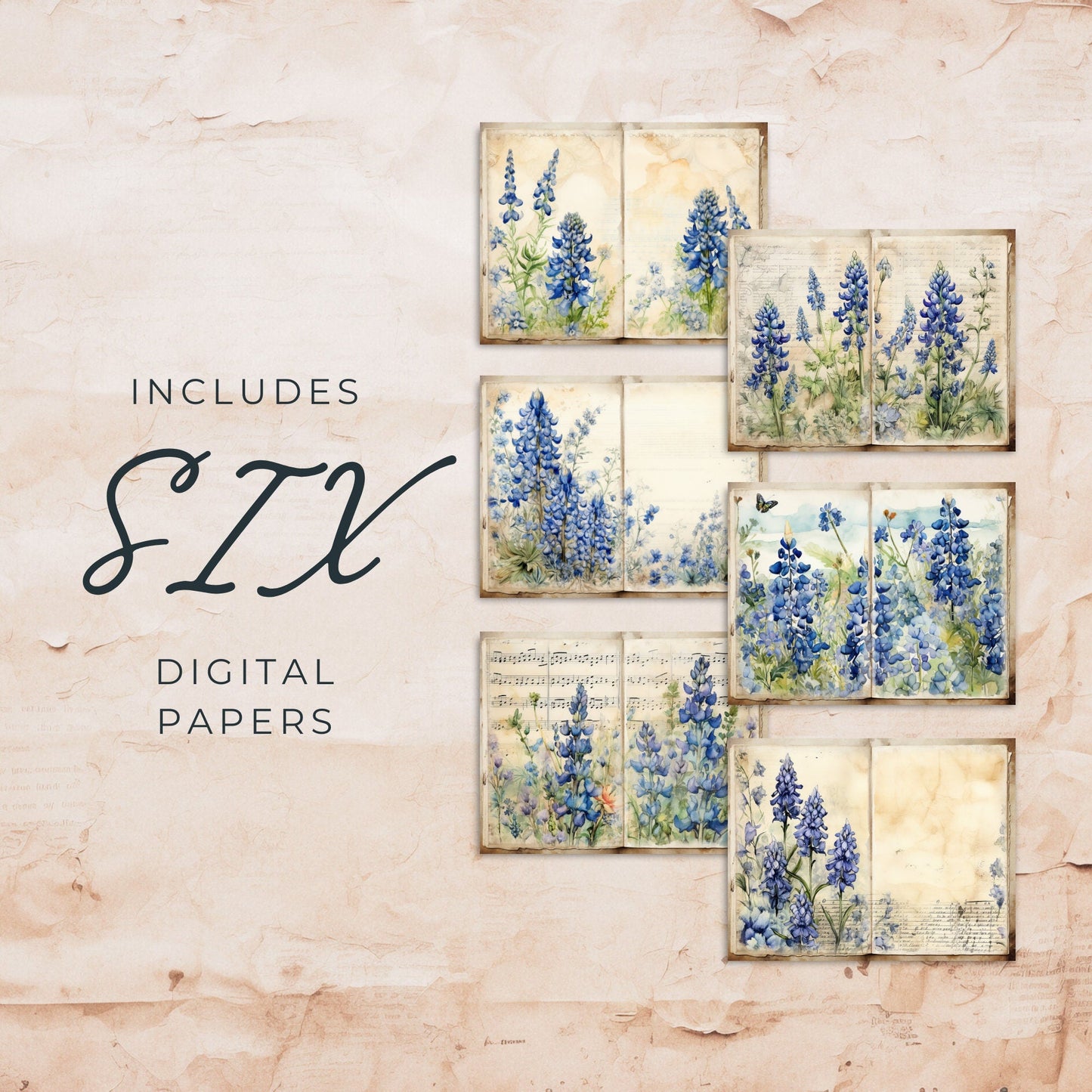 Texas Bluebonnet Floral Junk Journal Pages | Floral 6 Digital Journal Pages | Floral Scrapbook | Digital Paper | US Paper Size | JJ022