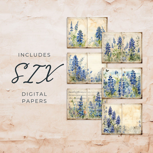 Texas Bluebonnet Floral Junk Journal Pages | Floral 6 Digital Journal Pages | Floral Scrapbook | Digital Paper | US Paper Size | JJ022