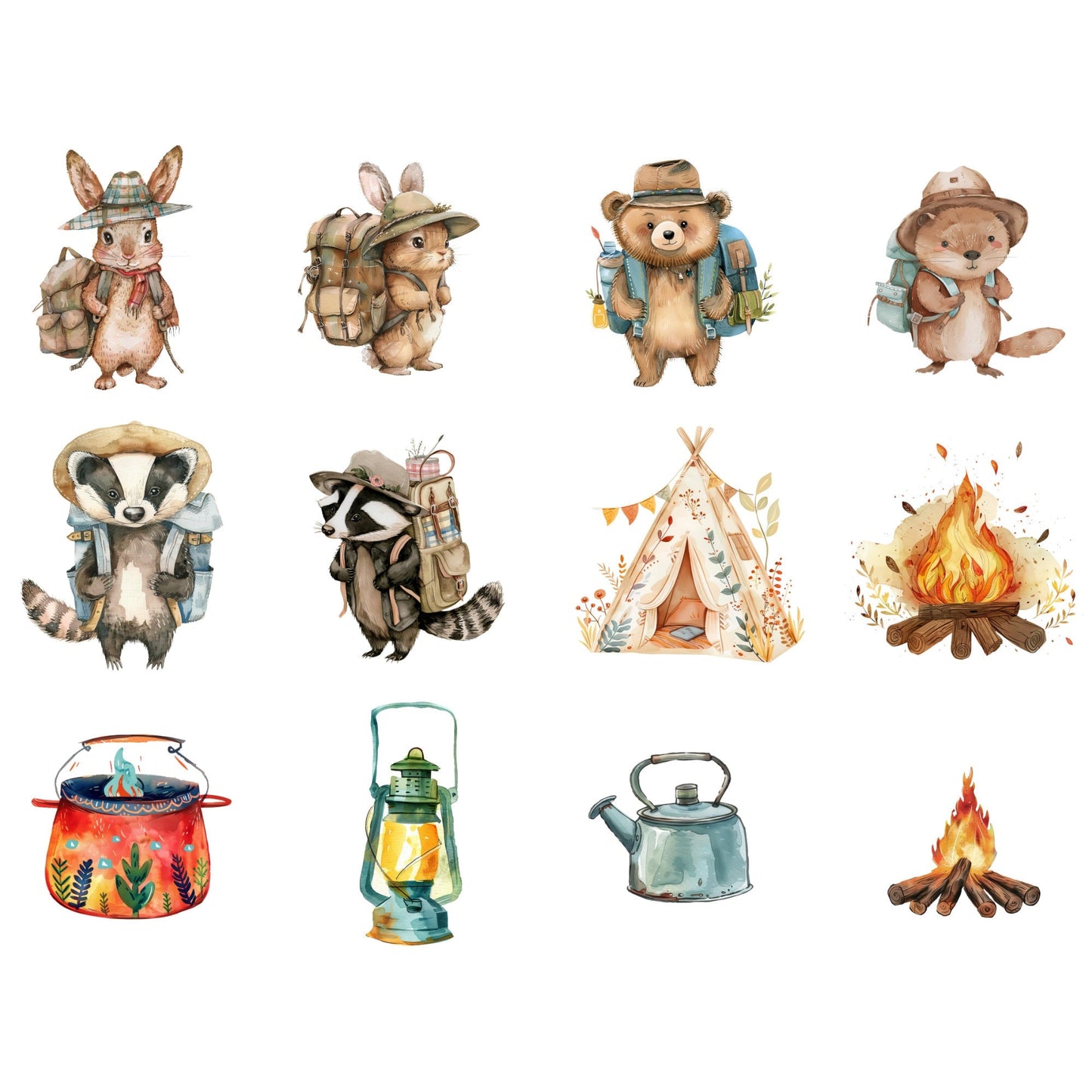 Watercolor Woodland animals go camping clipart