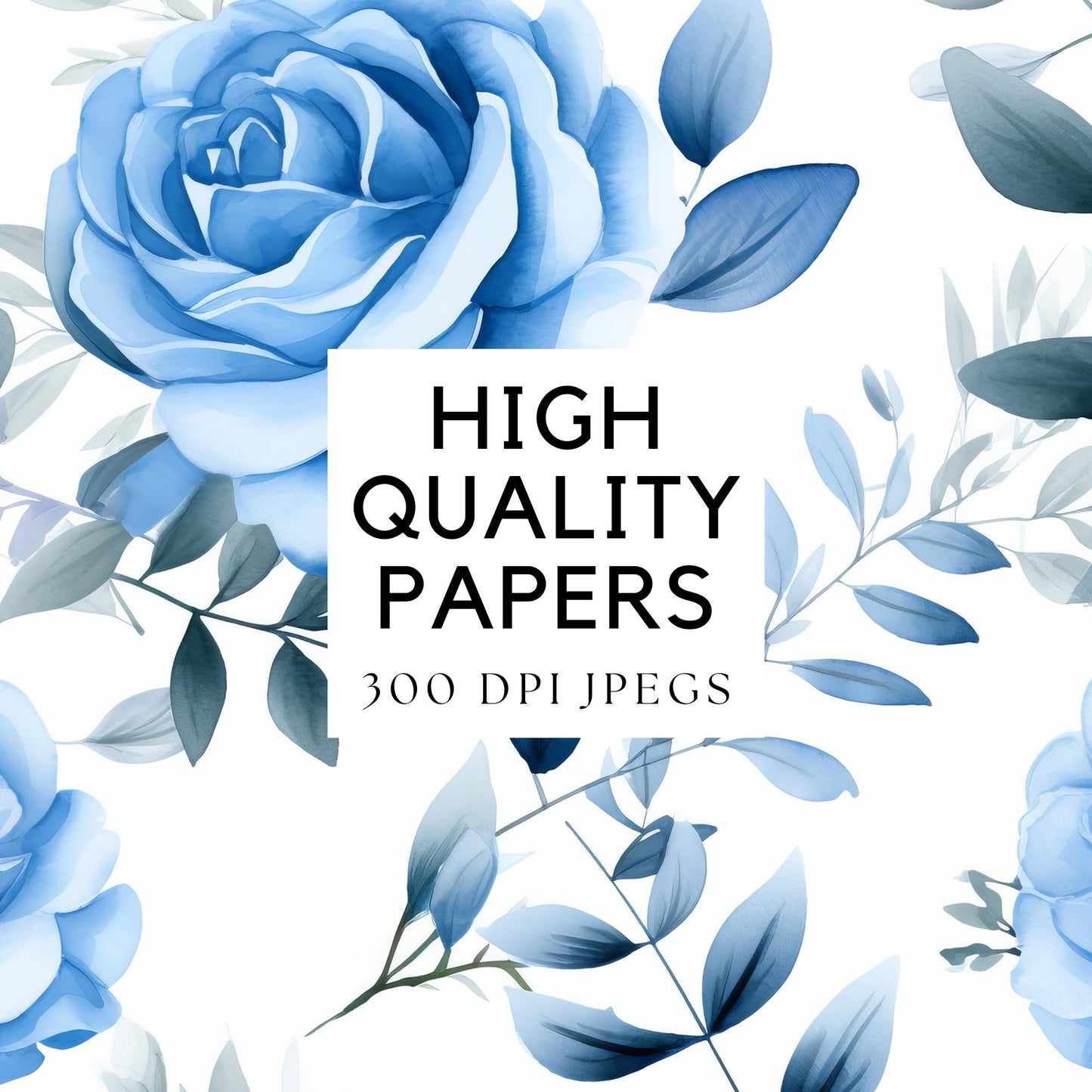 Watercolor Dusty Blue Rose Digital Papers