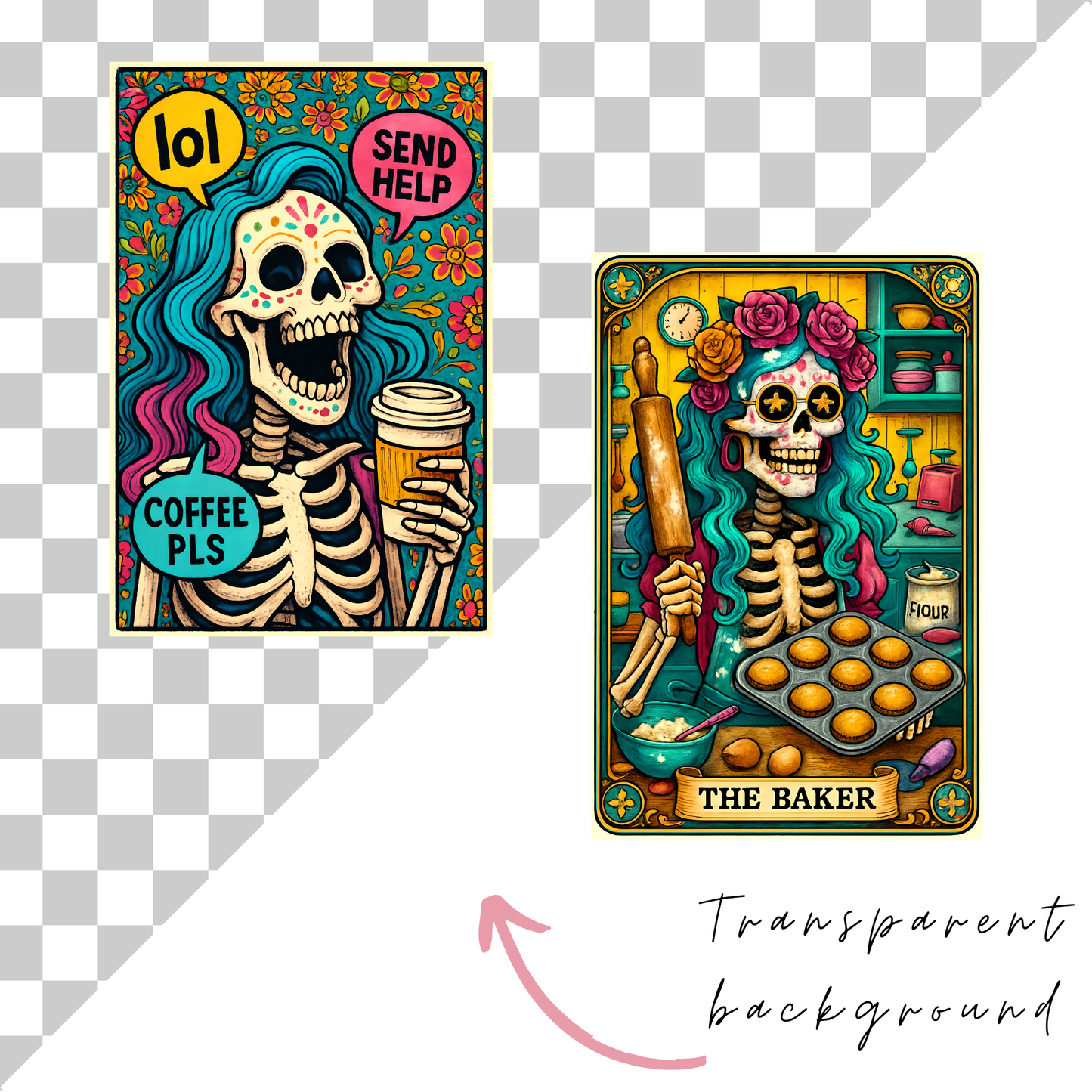 a couple of cards with a skeleton holding a cup of coffee
