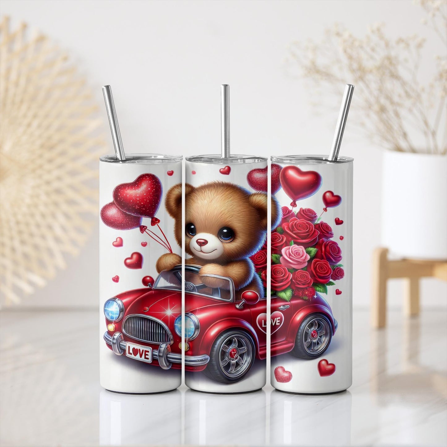 a picture of a teddy bear driving a red car