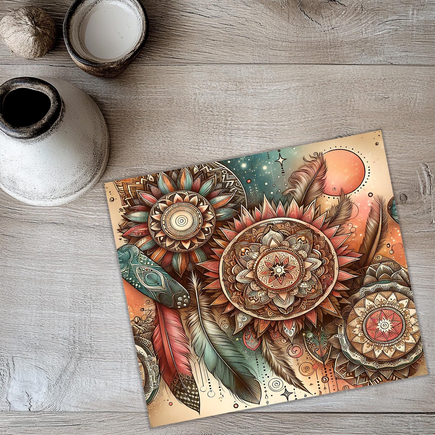 a painting of a flower with feathers on it