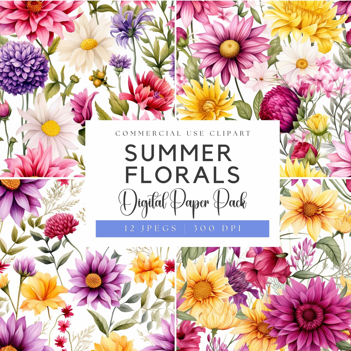 Watercolor Summer Florals Digital Papers