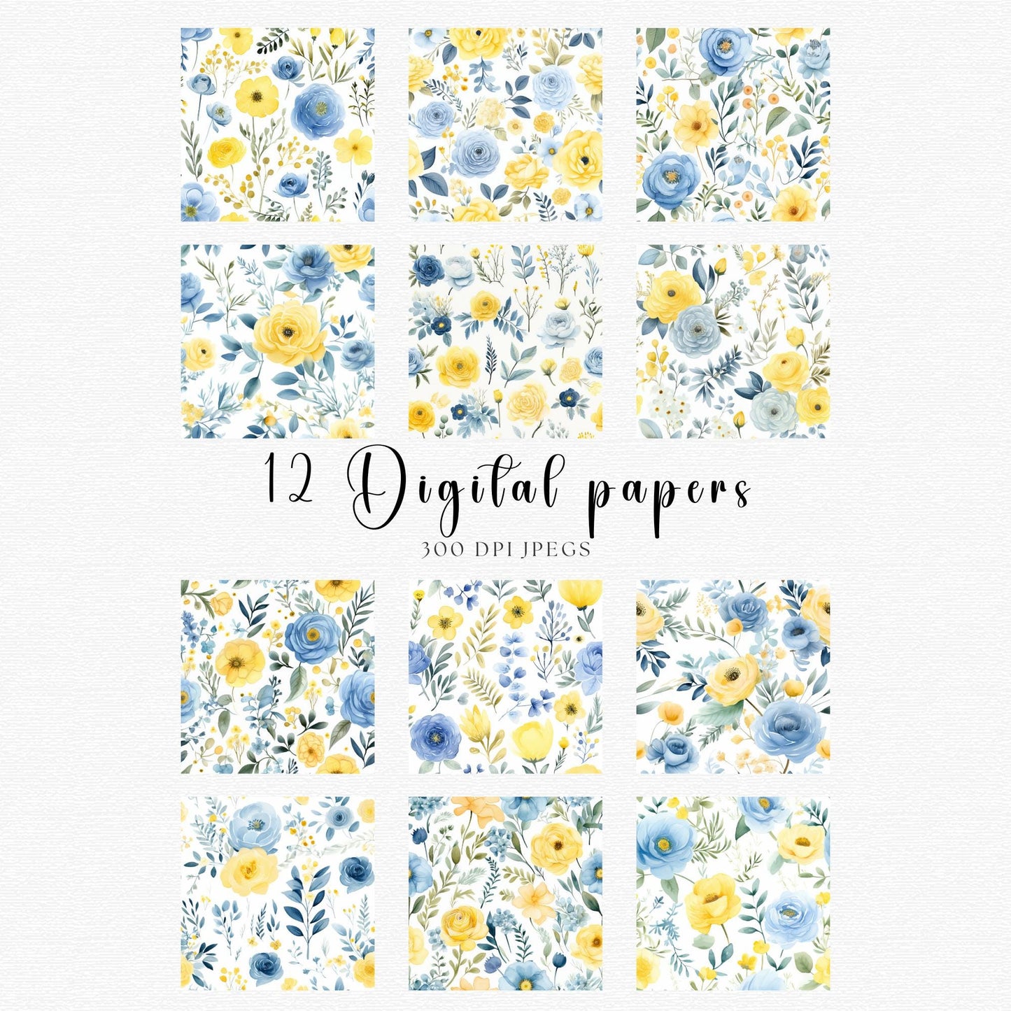 Dusty Blue Floral and Lemon Digital Papers