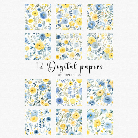 Dusty Blue Floral and Lemon Digital Papers