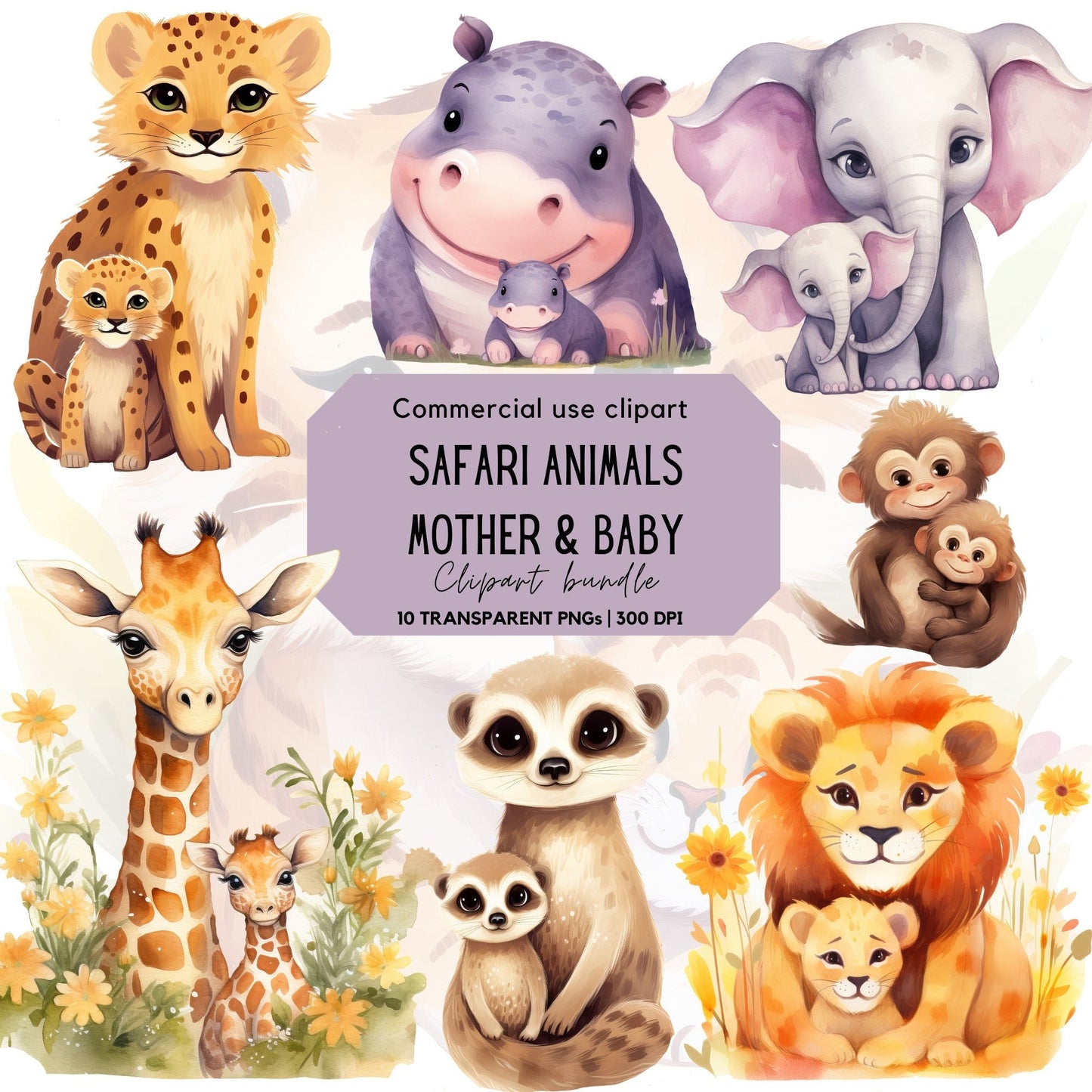 Watercolor Mother & Baby Safari Animals Clipart