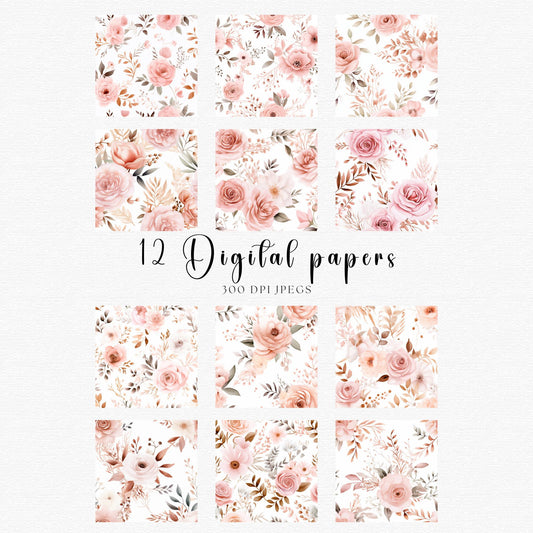 Papeles digitales florales en tonos rosa ruborizado y oro rosa