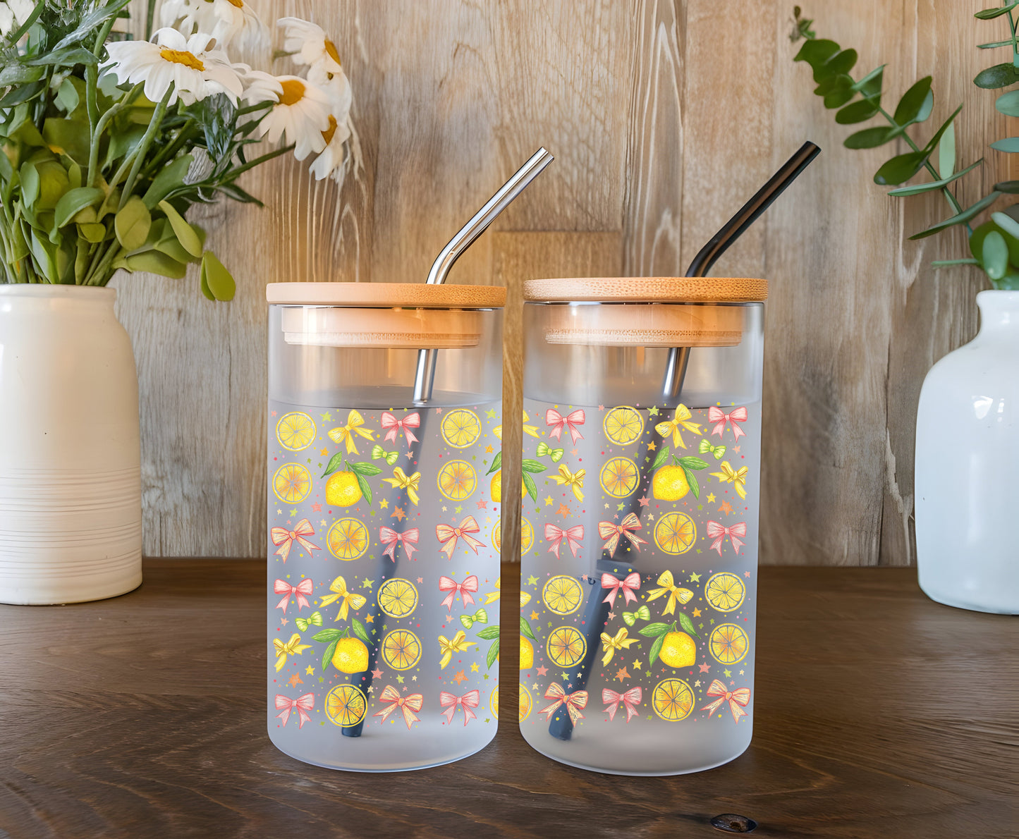 a couple of jars sitting on top of a wooden table