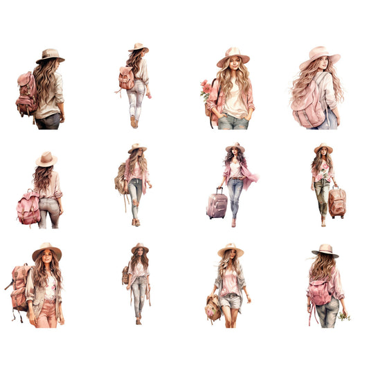 Watercolor Pink Travel girl clipart