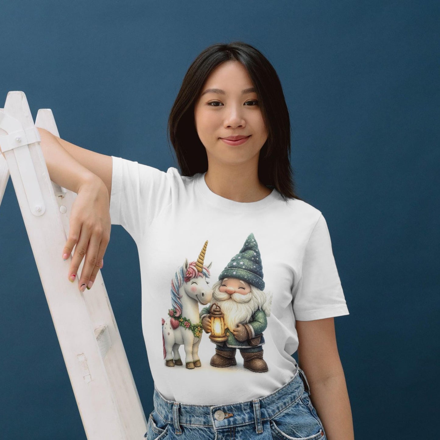 a woman wearing a white t - shirt with an image of a gnome and a