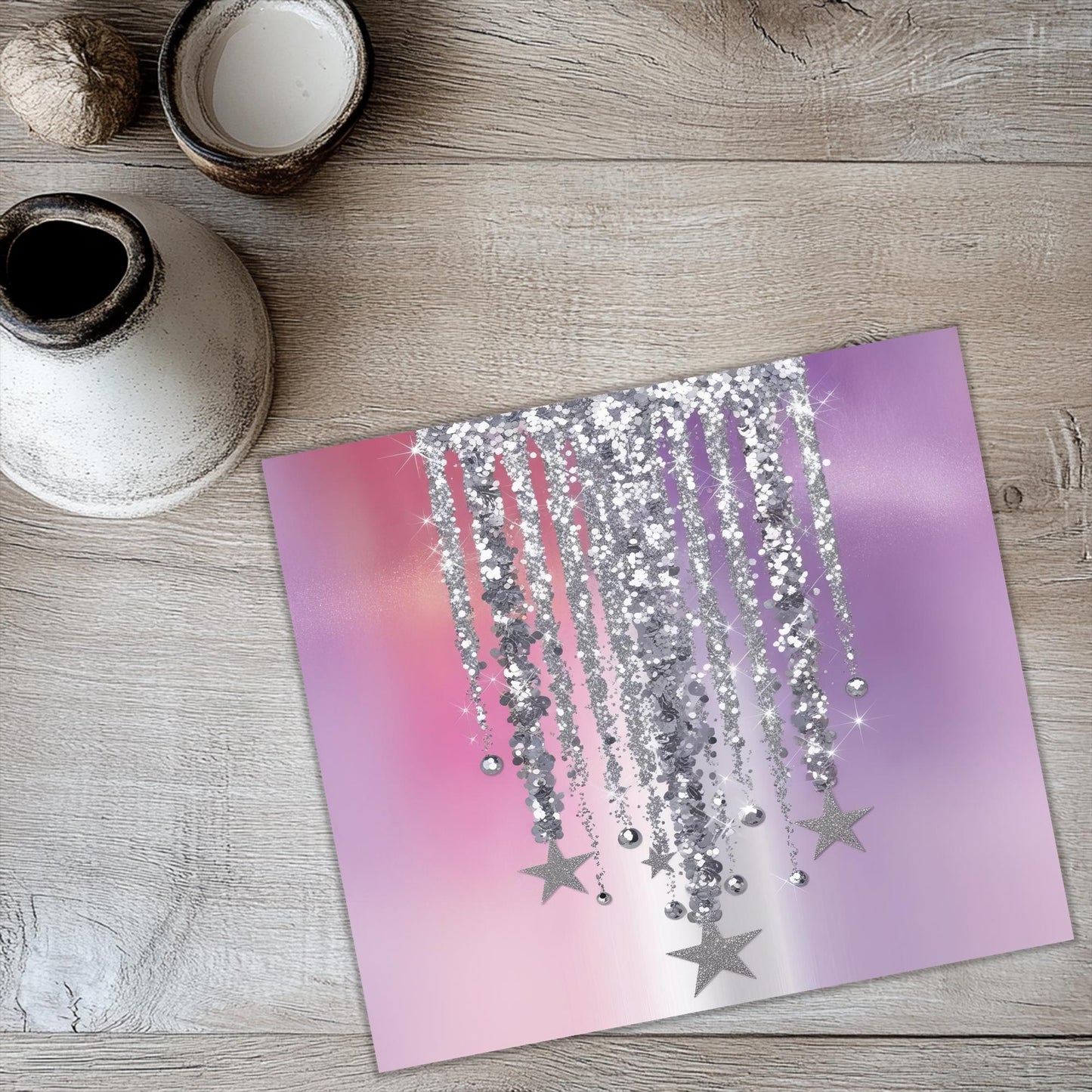 a picture of a pink and purple background with silver stars