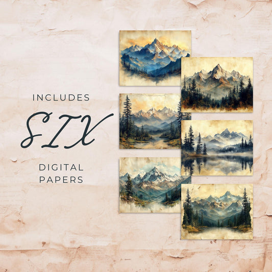 Páginas imprimibles para álbumes de recortes con diseño de montañas de acuarela