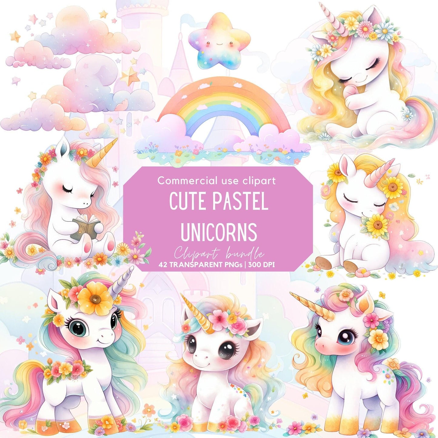 Watercolor Cute Pastel Unicorn Clipart