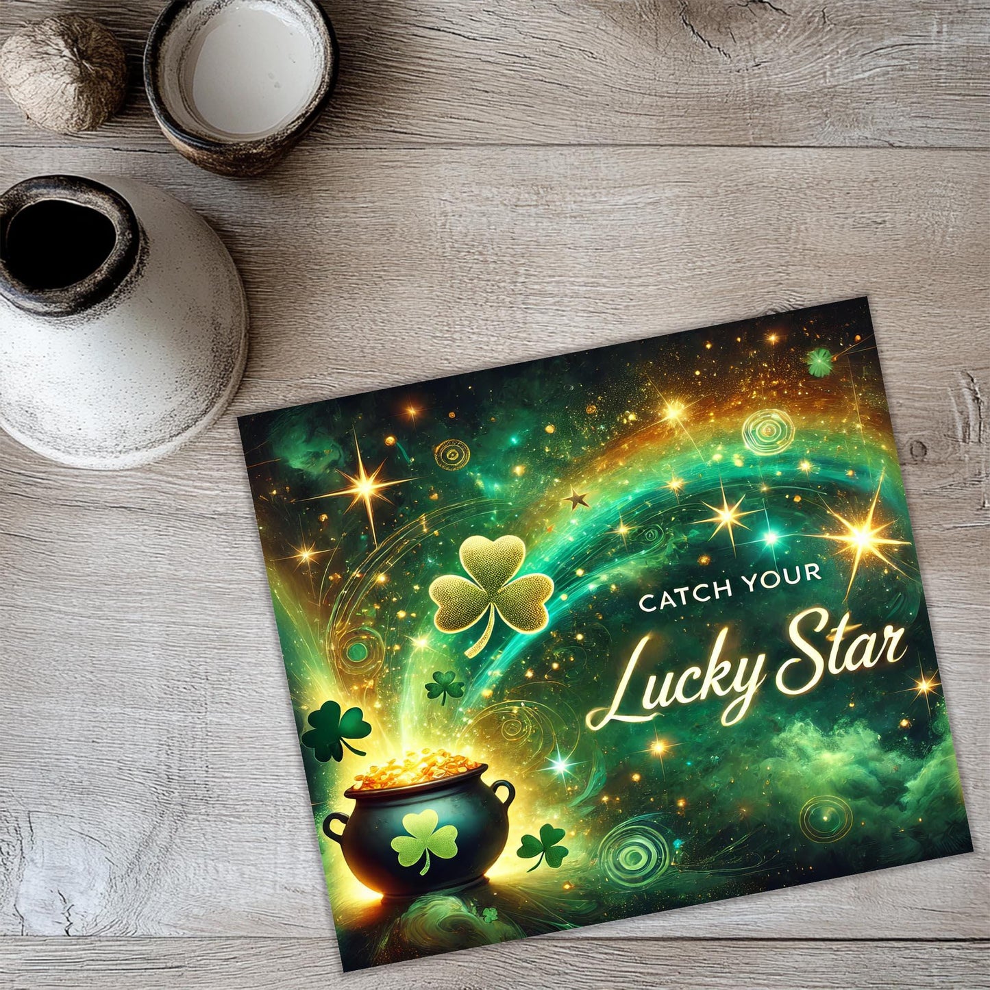 a greeting card with a pot of gold and shamrocks