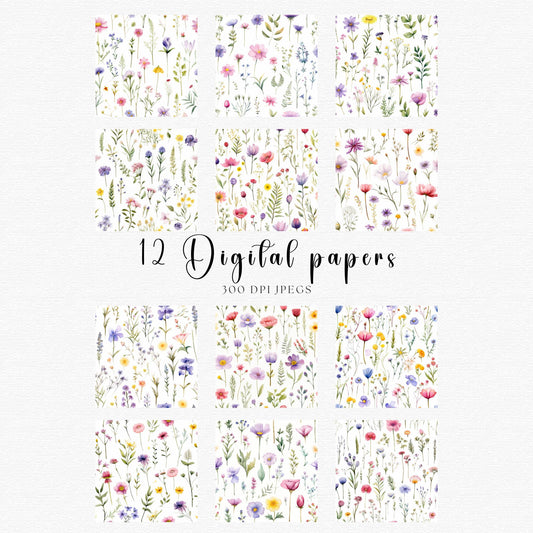 Papeles digitales de flores silvestres en acuarela