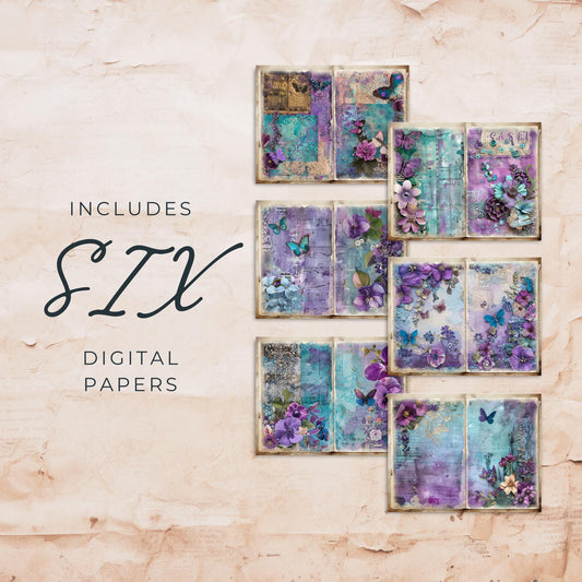 Páginas de diario basura con flores moradas y verde azulado, vol. 1