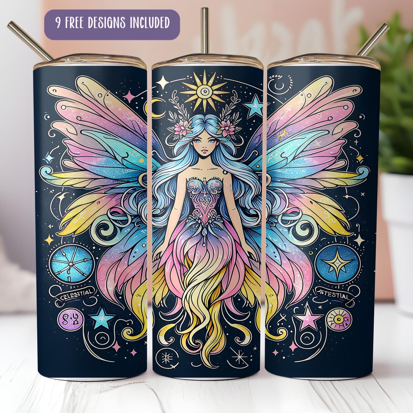 a set of three colorful tins with a fairy on them