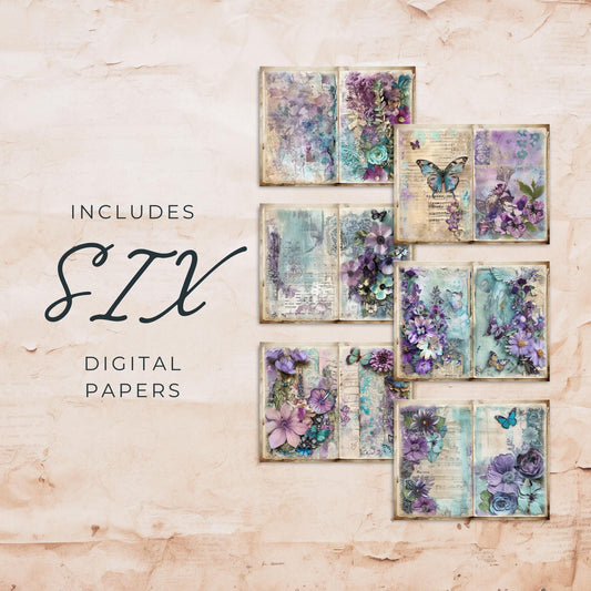 Páginas de diario basura con flores moradas y verde azulado, vol. 3