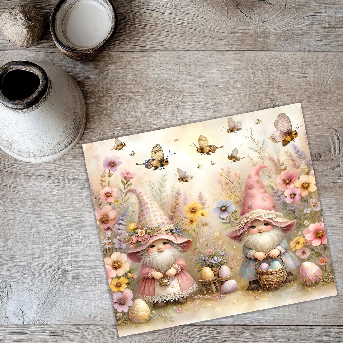 a painting of two gnomes with flowers and butterflies