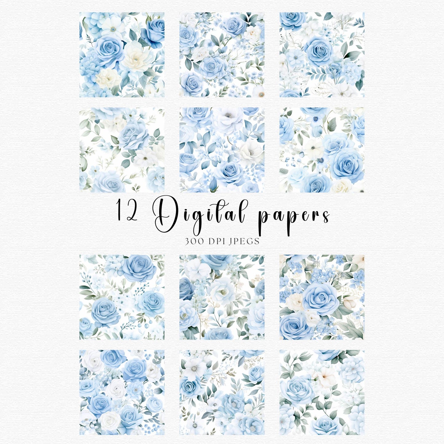 Watercolor Light Blue Floral Digital Papers