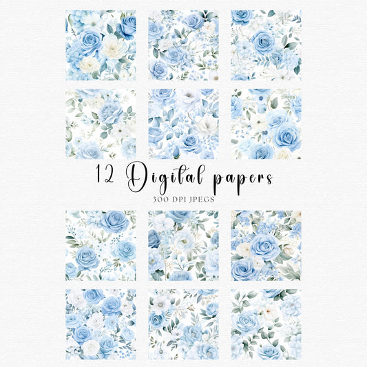 Papeles digitales florales de acuarela azul claro