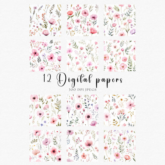 Papeles digitales bohemios con flores silvestres en rosa pastel