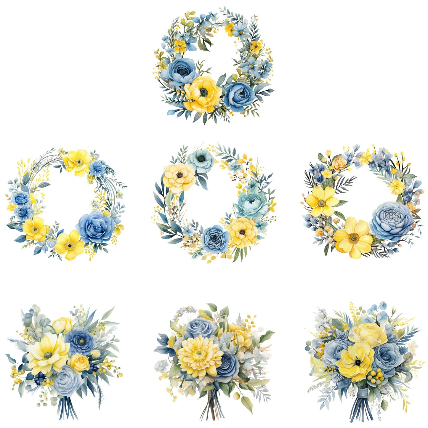 Dusty Blue and Lemon Floral Clipart