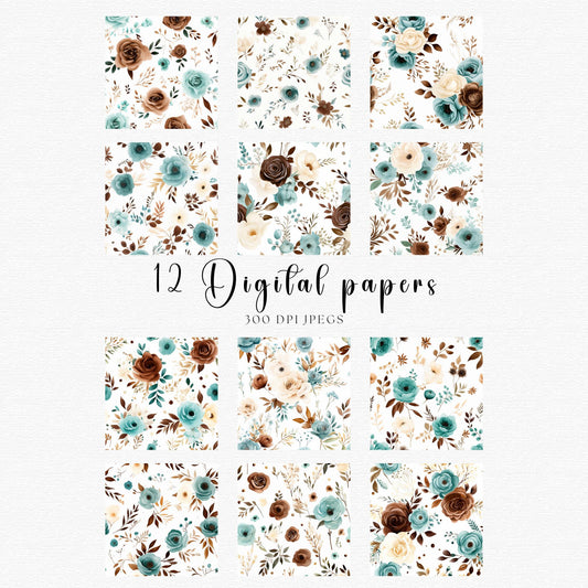 Papeles digitales florales en tonos verde azulado y marrón chocolate