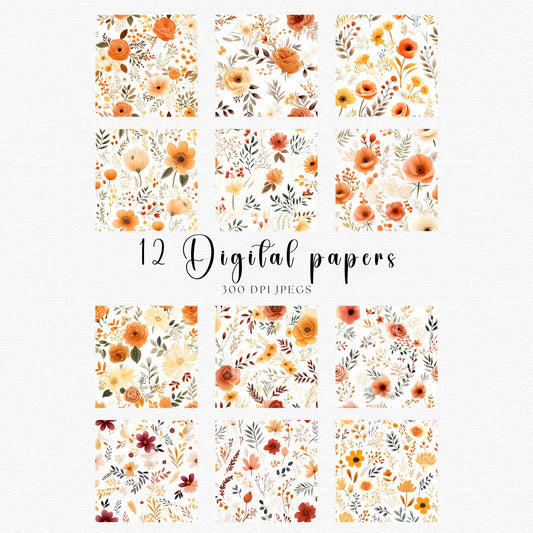 Papeles digitales florales de otoño con acuarela