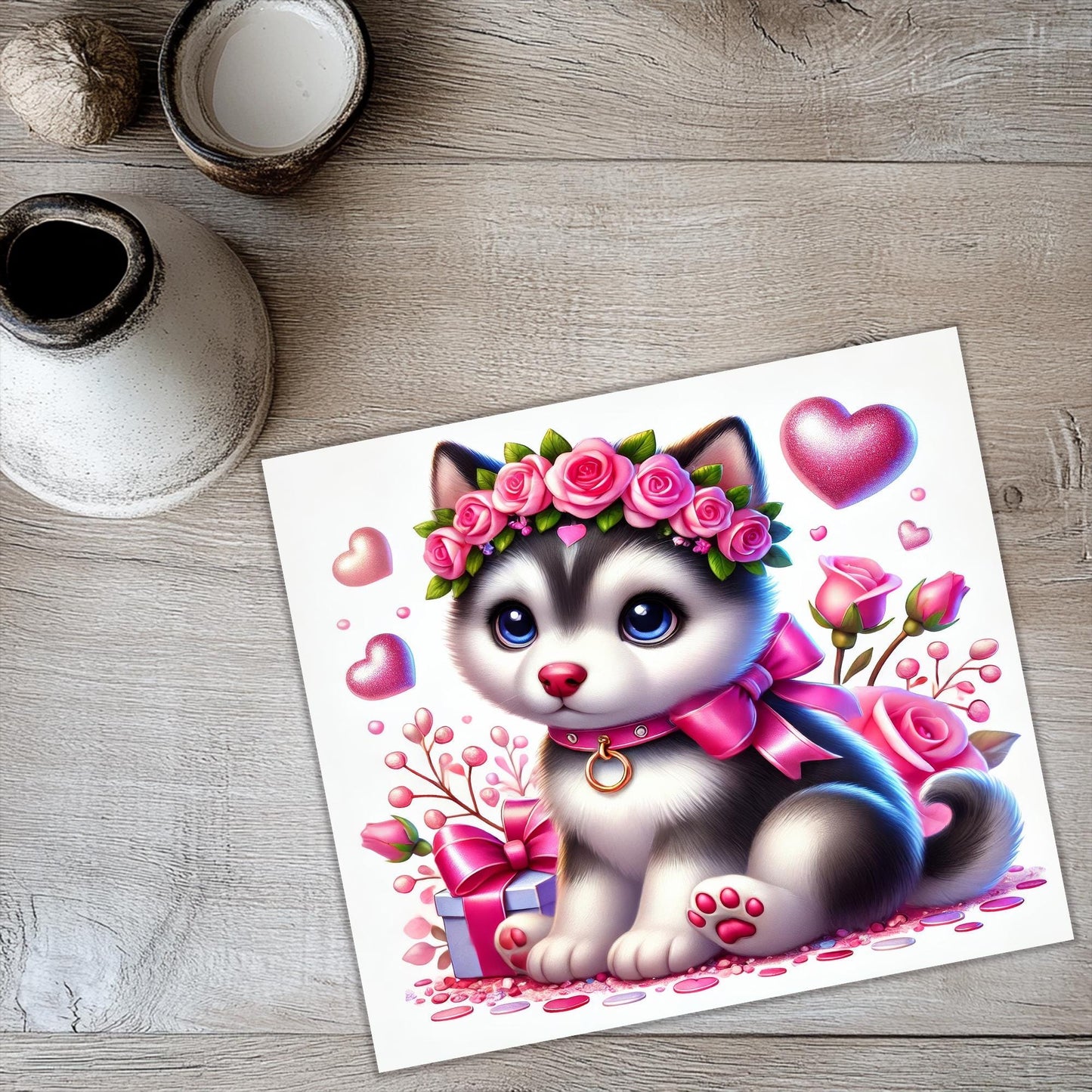 a picture of a cat with flowers on its head