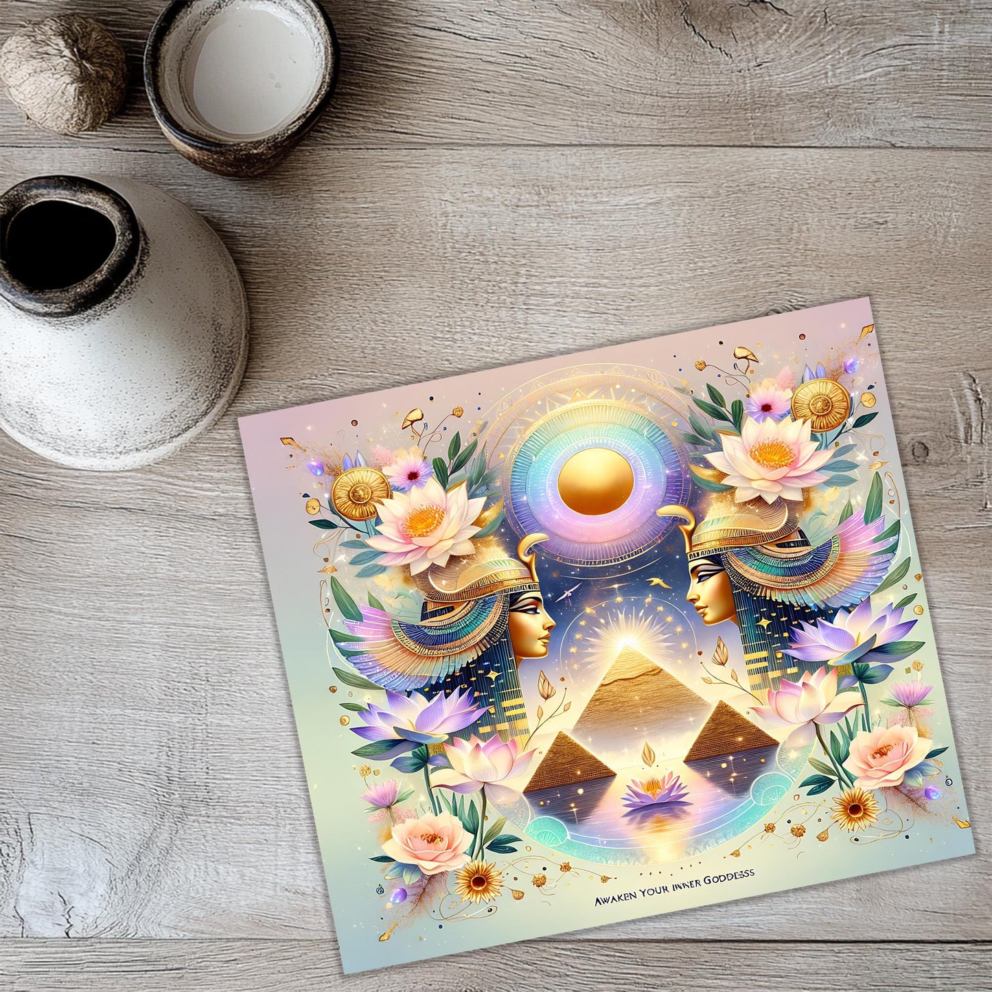 a card with a picture of a pyramid surrounded by flowers