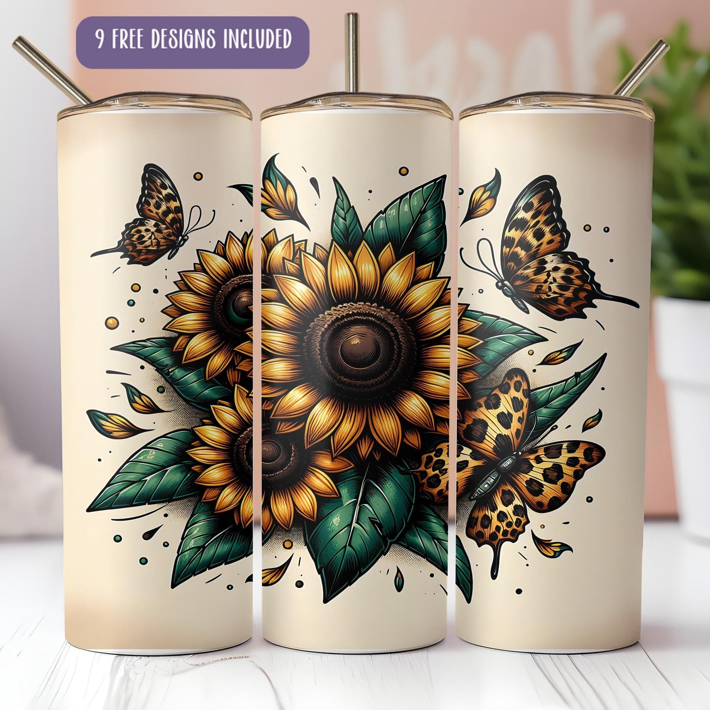 three sunflowers with butterflies on them on a table