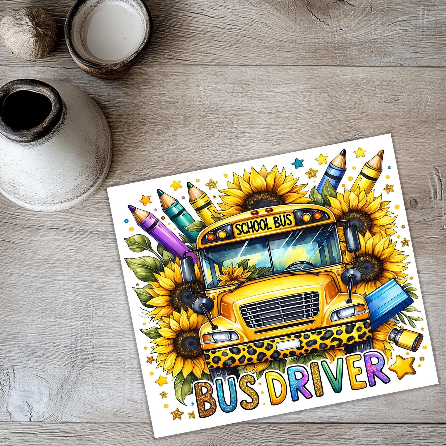 a picture of a school bus with sunflowers and crayons
