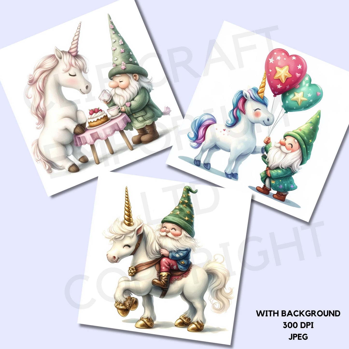 a set of three christmas cards with gnomes and unicorns