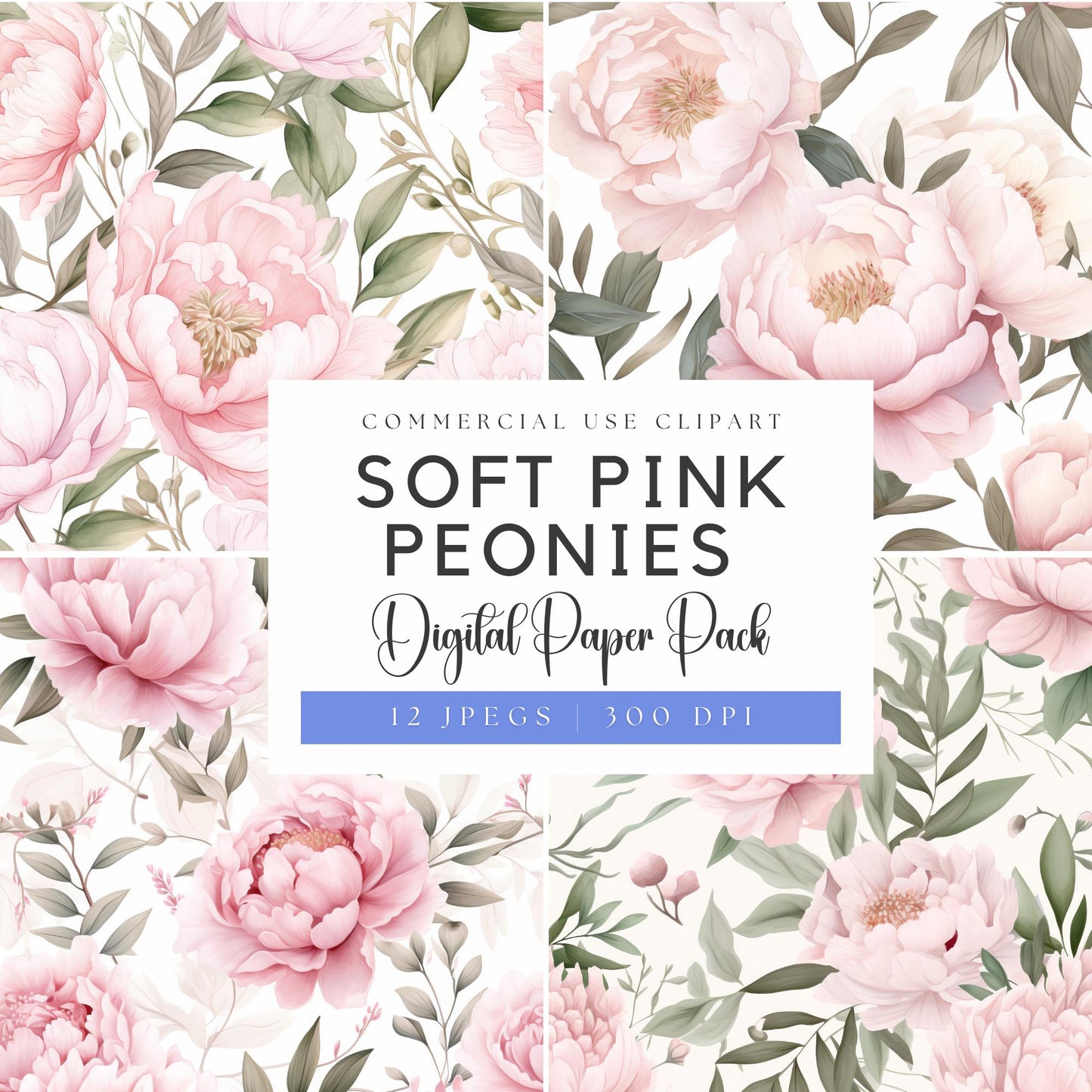 Watercolor Soft Pink Peony Floral Digital Papers
