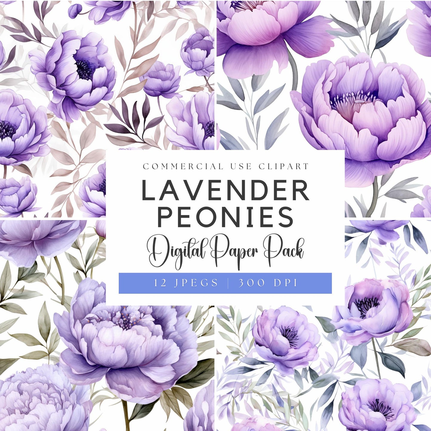 Watercolor Purple Peony Digital Papers