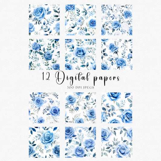 Papeles digitales de acuarela con rosas azules polvorientas