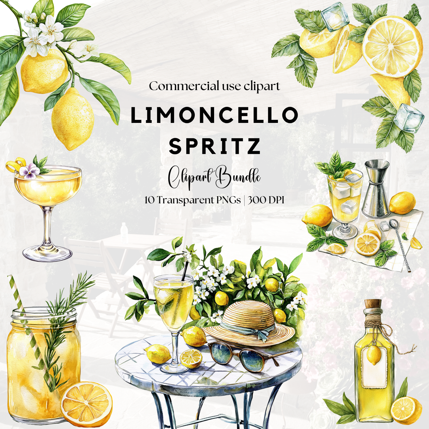 a watercolor painting of lemons and hats on a table